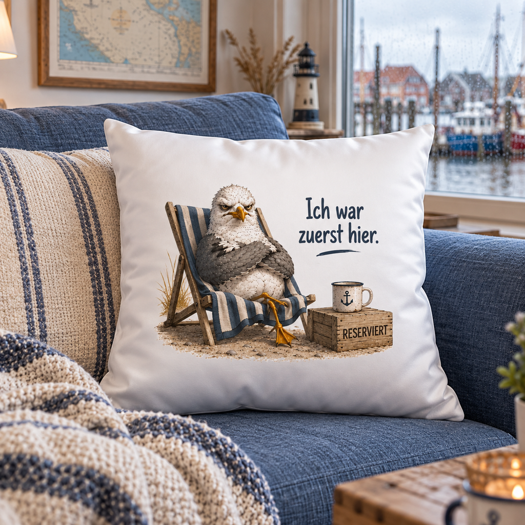 Weißes 40×40-cm-Kissen mit Möwe Alpha und Schriftzug Ich war zuerst hier auf blauem Sofa im Hafenapartment.