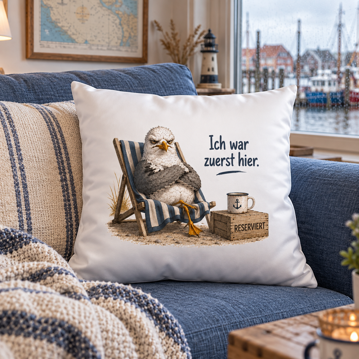 Weißes 40×40-cm-Kissen mit Möwe Alpha und Schriftzug Ich war zuerst hier auf blauem Sofa im Hafenapartment.