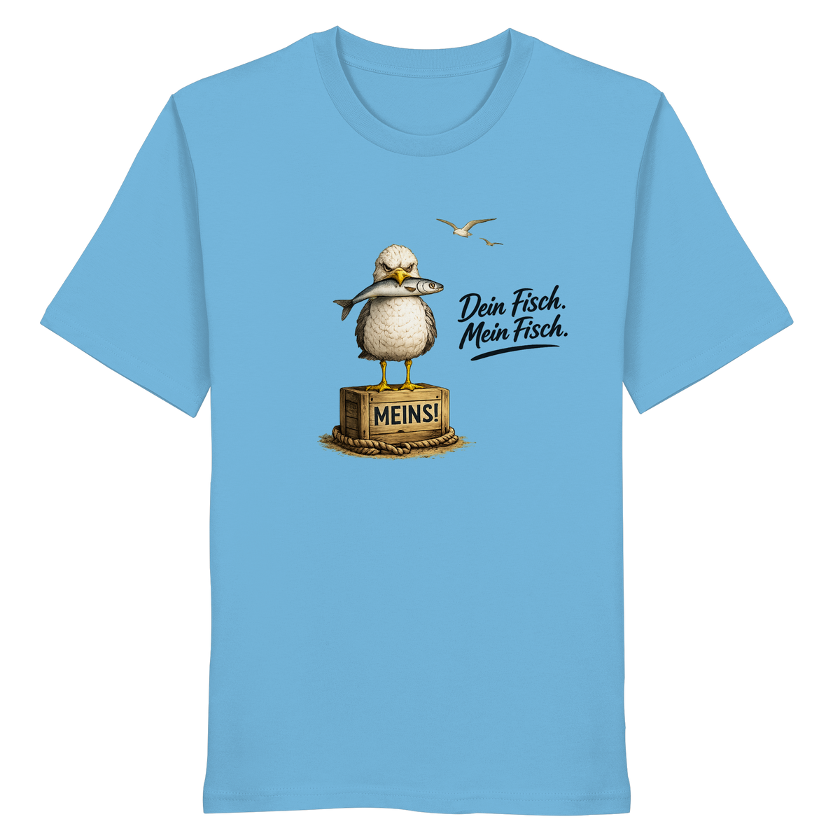 Original-Mockup: Bio Unisex T-Shirt Aqua Blue von vorn mit Alpha-Möwe, Fisch, Kiste „MEINS!“ und Spruch „Dein Fisch. Mein Fisch.“