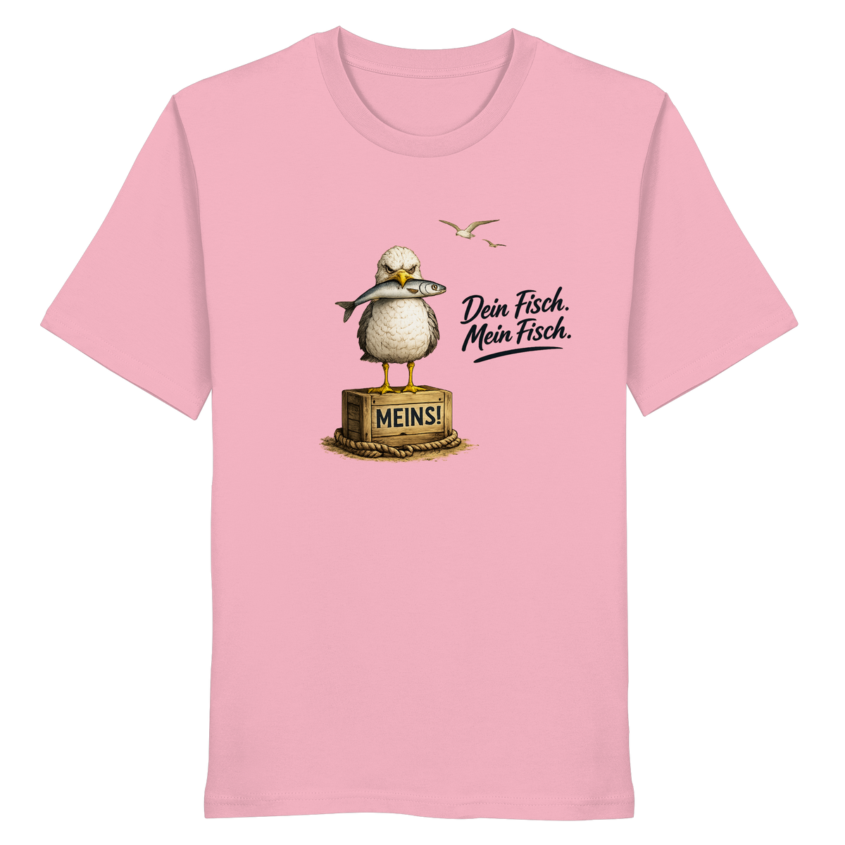 Original-Mockup: Bio Unisex T-Shirt Cotton Pink von vorn mit Alpha-Möwe, Fisch, Kiste „MEINS!“ und Spruch „Dein Fisch. Mein Fisch.“