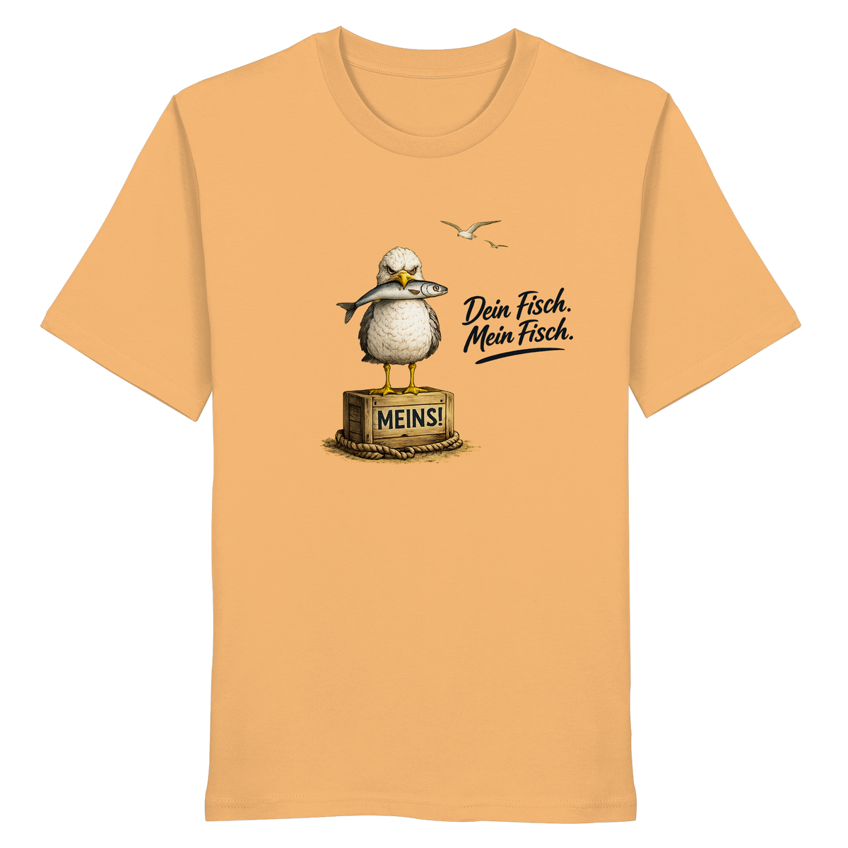 Original-Mockup: Bio Unisex T-Shirt Nispero von vorn mit Alpha-Möwe, Fisch, Kiste „MEINS!“ und Spruch „Dein Fisch. Mein Fisch.“