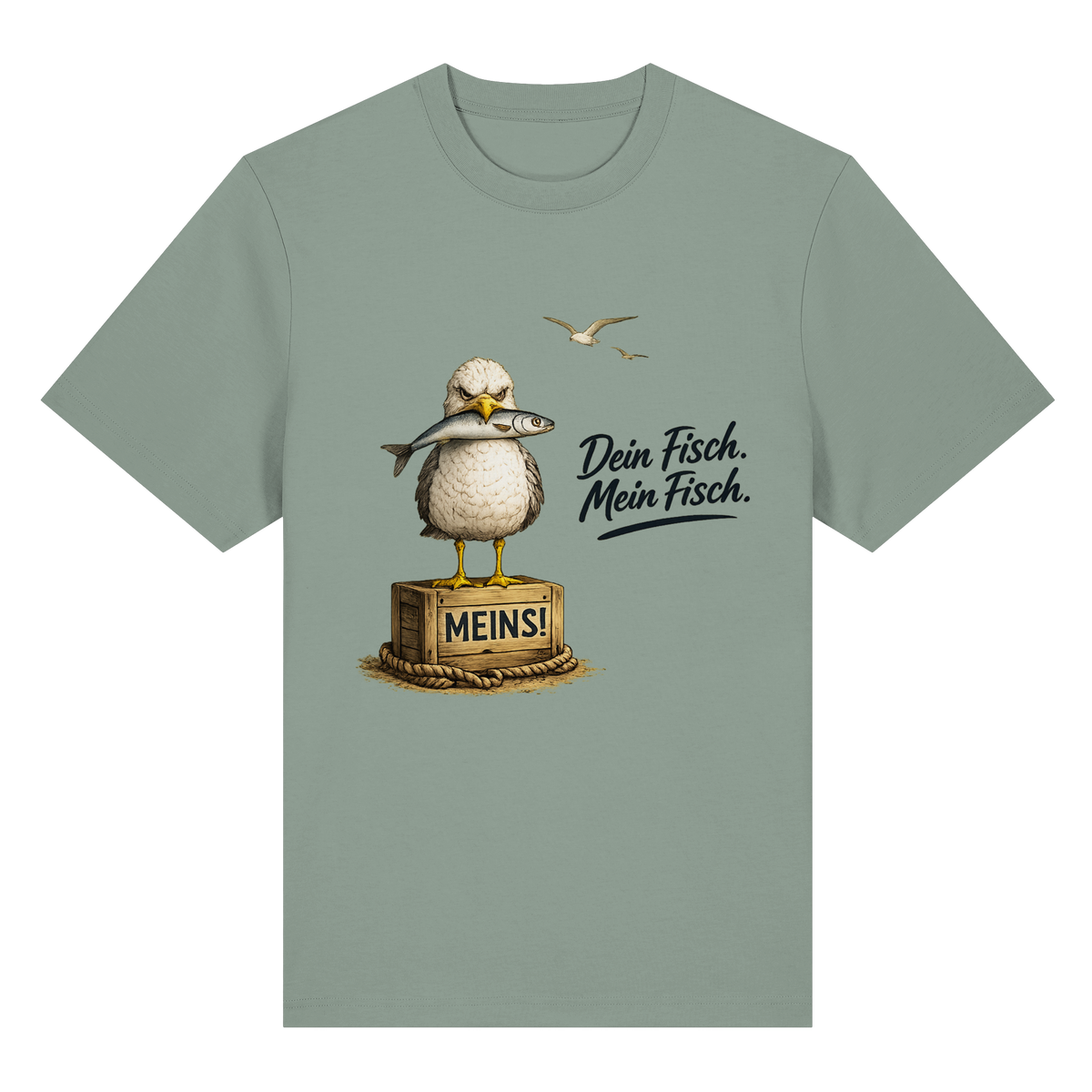 Alpha – Möwe mit Meinung – Dein Fisch. Mein Fisch. – Bio-Heavy T-Shirt – Vorderansicht in aloe