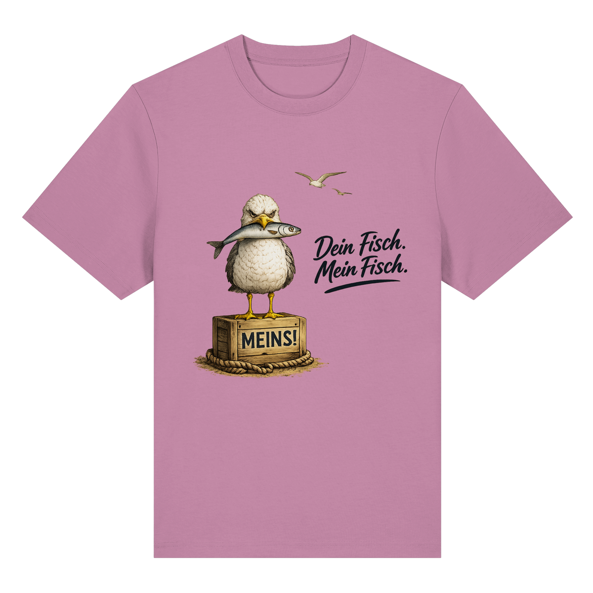 Alpha – Möwe mit Meinung – Dein Fisch. Mein Fisch. – Bio-Heavy T-Shirt – Vorderansicht in bubble pink