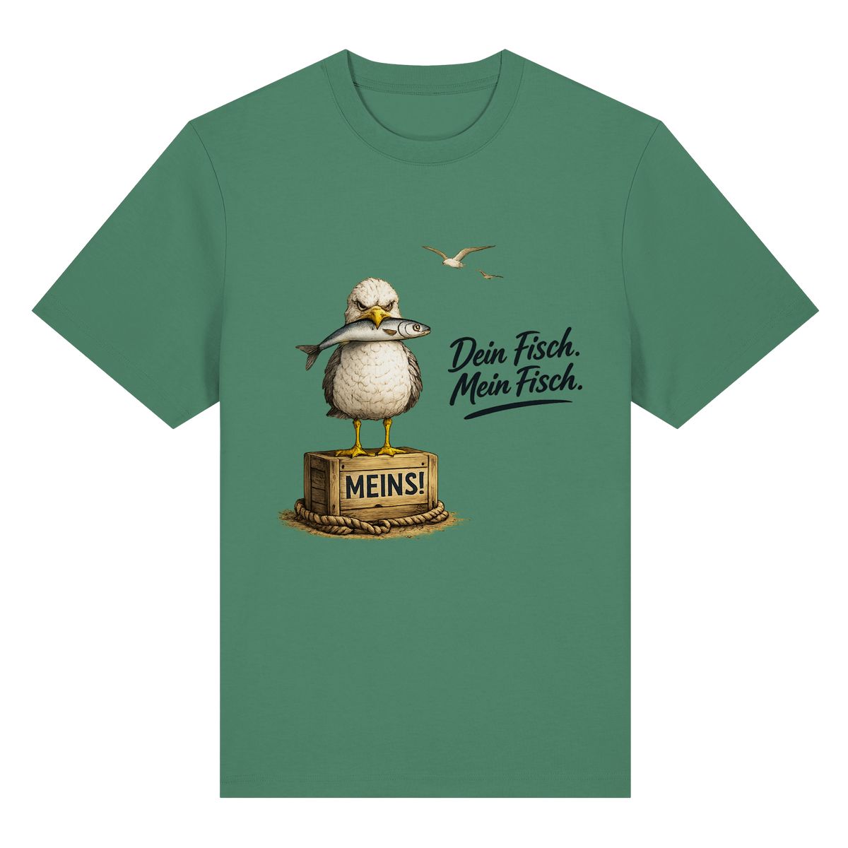 Alpha – Möwe mit Meinung – Dein Fisch. Mein Fisch. – Bio-Heavy T-Shirt – Vorderansicht in green bay