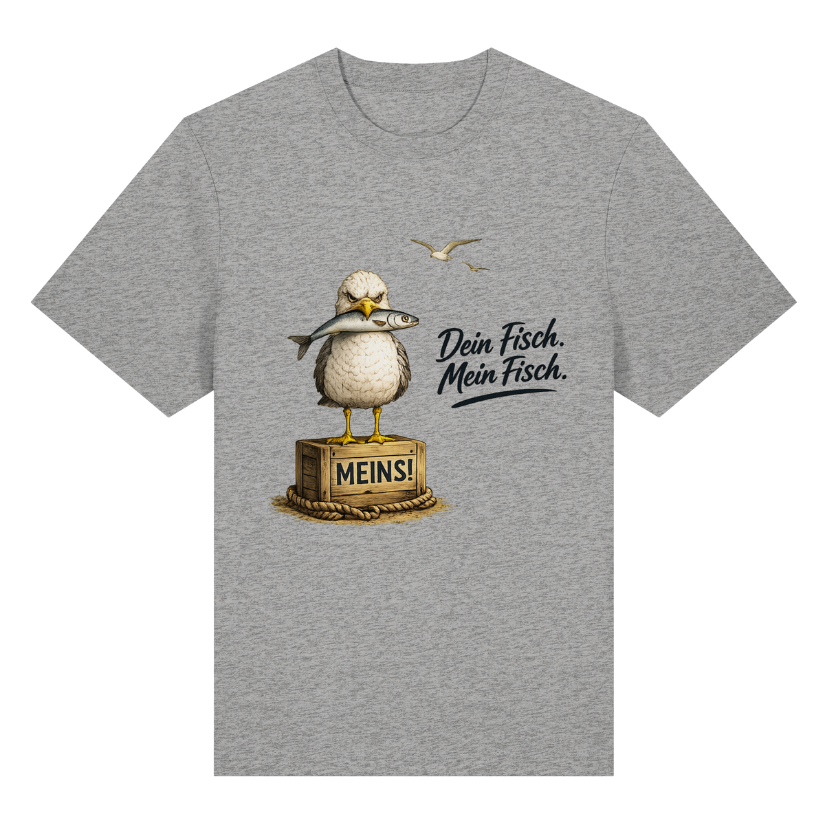 Alpha – Möwe mit Meinung – Dein Fisch. Mein Fisch. – Bio-Heavy T-Shirt – Vorderansicht in heather grey