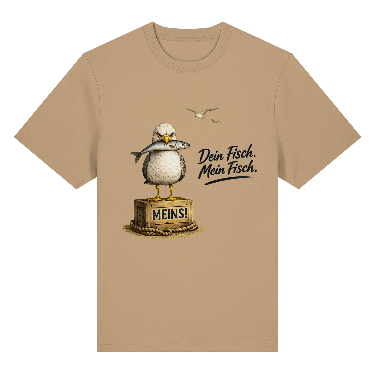 Alpha – Möwe mit Meinung – Dein Fisch. Mein Fisch. – Bio-Heavy T-Shirt – Vorderansicht in latte