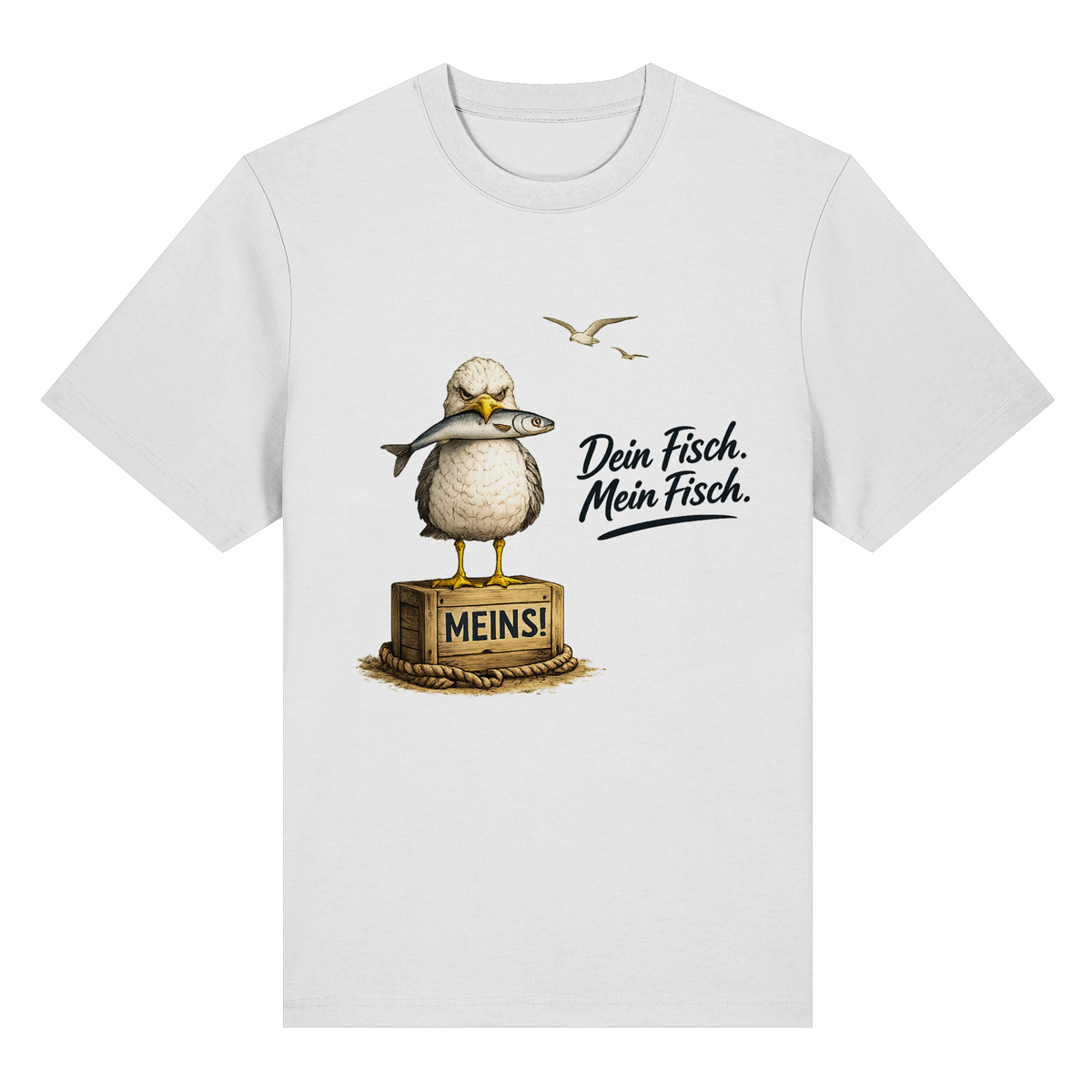 Alpha – Möwe mit Meinung – Dein Fisch. Mein Fisch. – Bio-Heavy T-Shirt – Vorderansicht in white