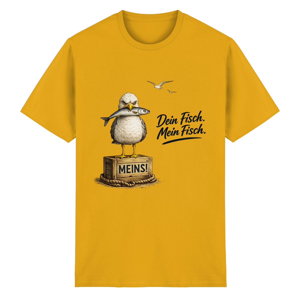 Alpha – Möwe mit Meinung – Dein Fisch. Mein Fisch. – Essential T-Shirt – Vorderansicht in gold