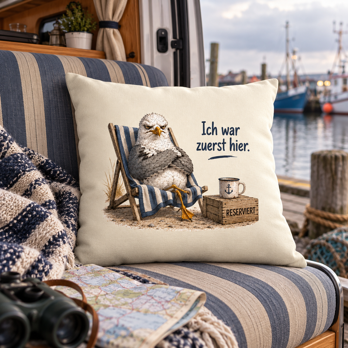Naturfarbenes Kissen mit Möwe im Strandstuhl und Schriftzug Ich war zuerst hier auf einer Camper-Sitzbank am Hafen.