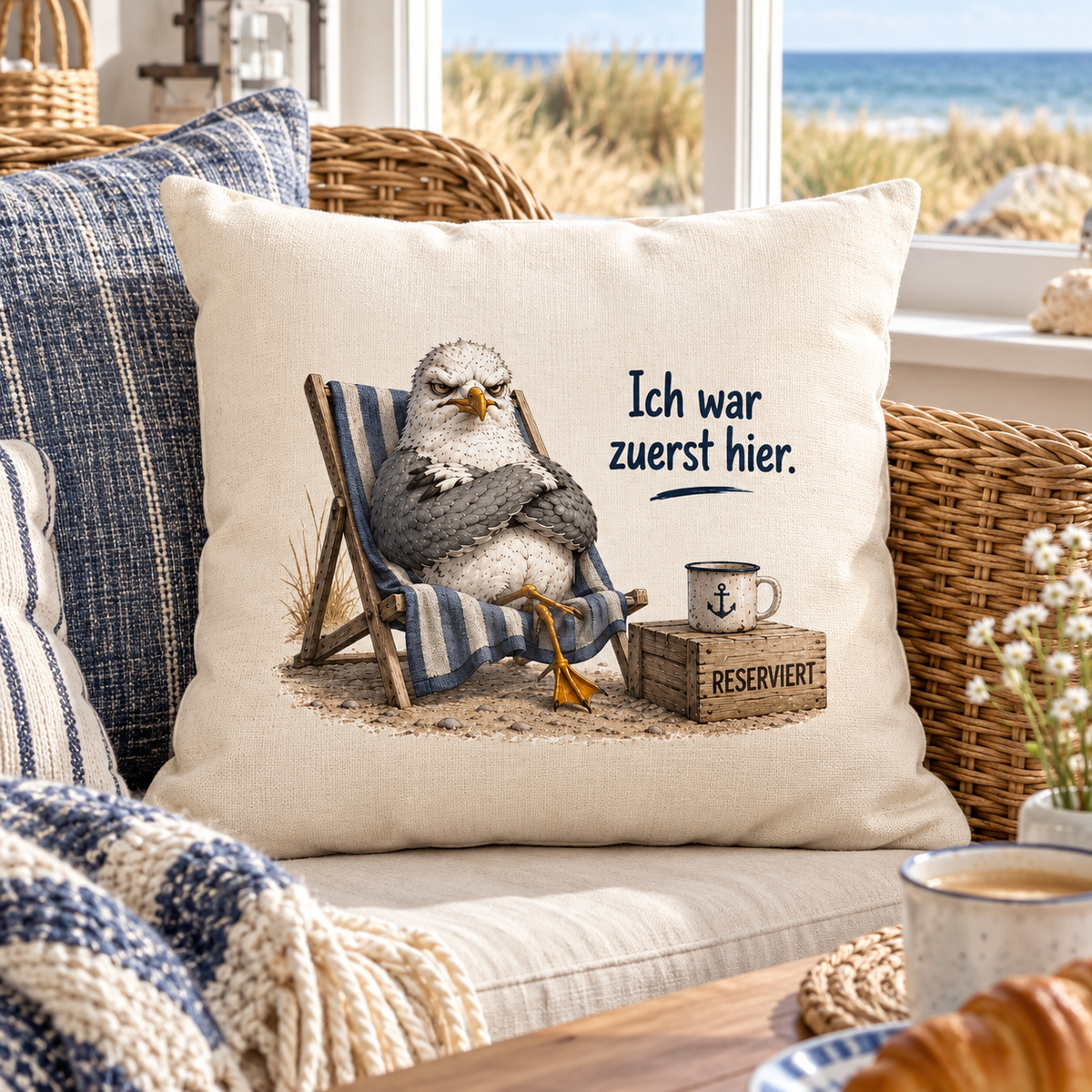 Naturfarbenes 40×40-cm-Kissen mit Möwe Alpha und Spruch Ich war zuerst hier auf einem Rattansofa im Küstenhaus.