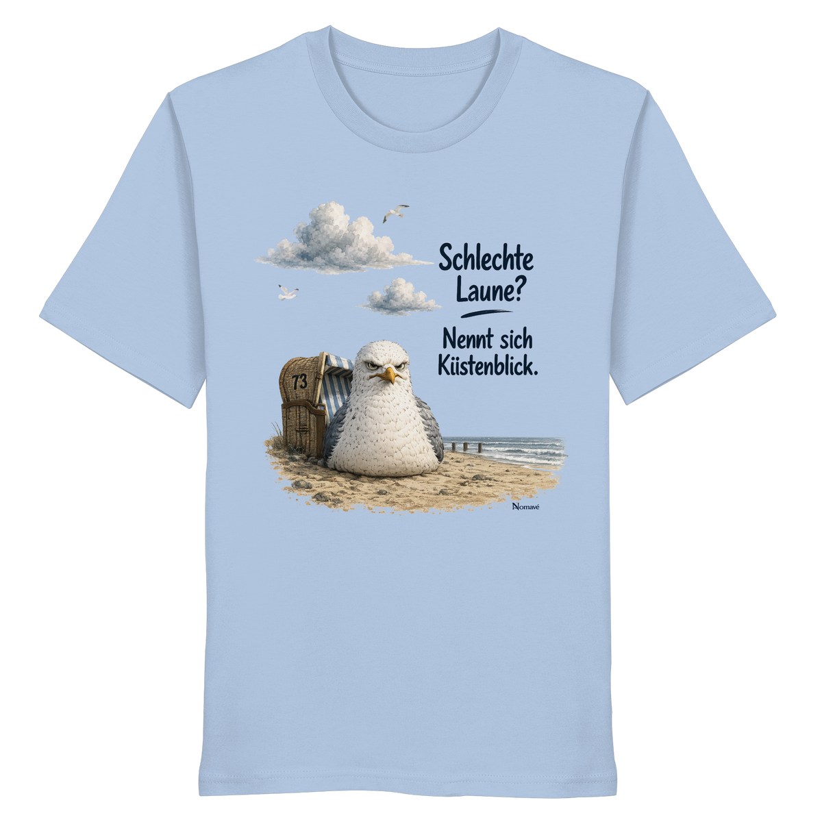 Alpha – Schlechte Laune – Küstenblick – Bio T-Shirt – Vorderansicht in blue soul