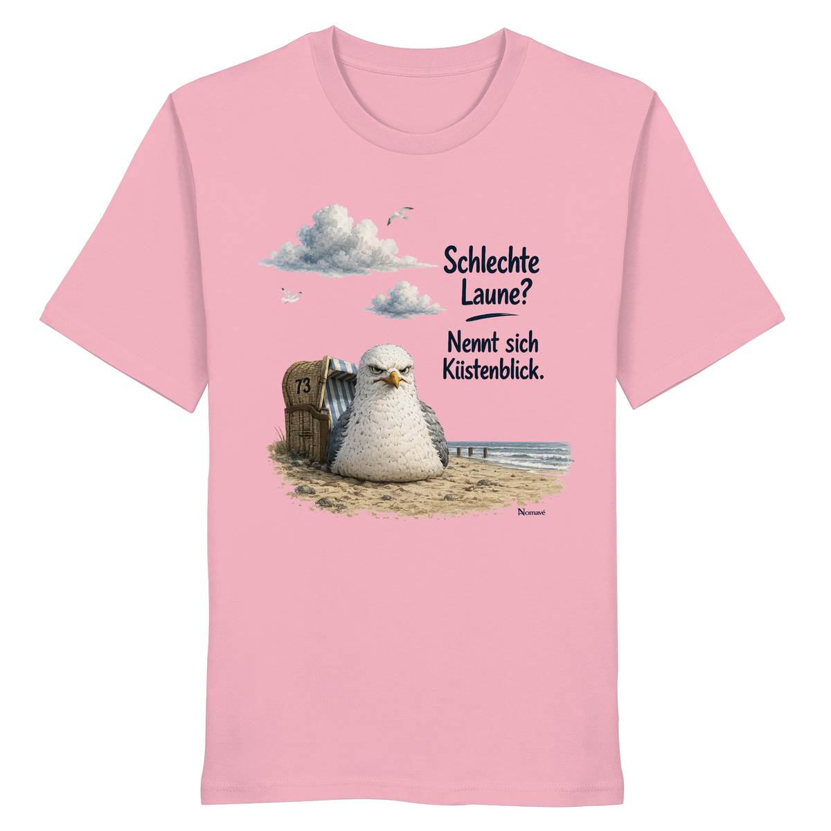 Alpha – Schlechte Laune – Küstenblick – Bio T-Shirt – Vorderansicht in cotton pink