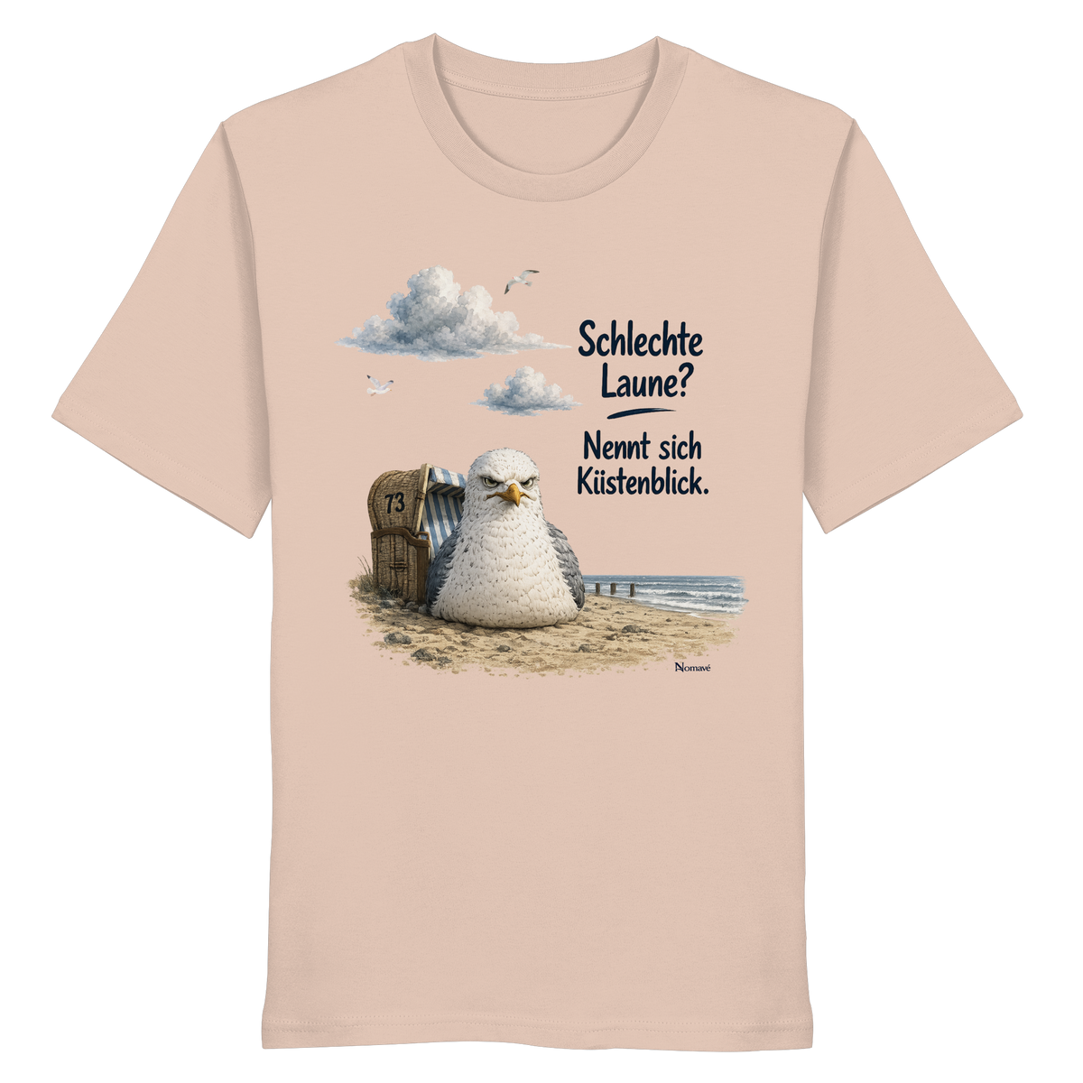 Alpha – Schlechte Laune – Küstenblick – Bio T-Shirt – Vorderansicht in fraiche peche