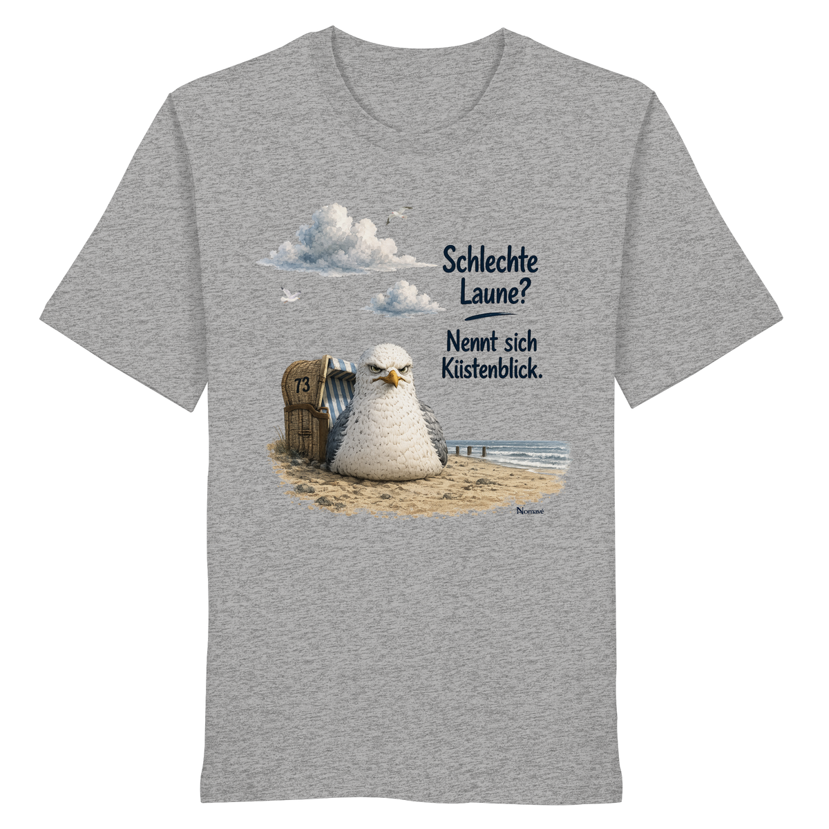 Alpha – Schlechte Laune – Küstenblick – Bio T-Shirt – Vorderansicht in heather grey