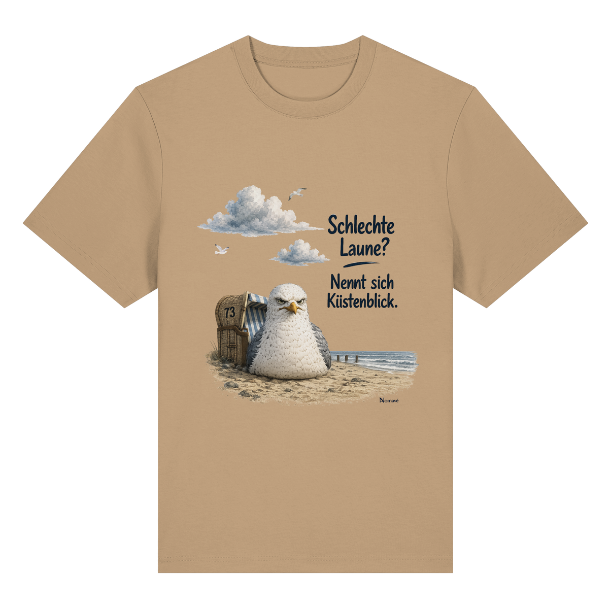 Alpha – Schlechte Laune – Küstenblick – Bio-Heavy T-Shirt – Vorderansicht in latte