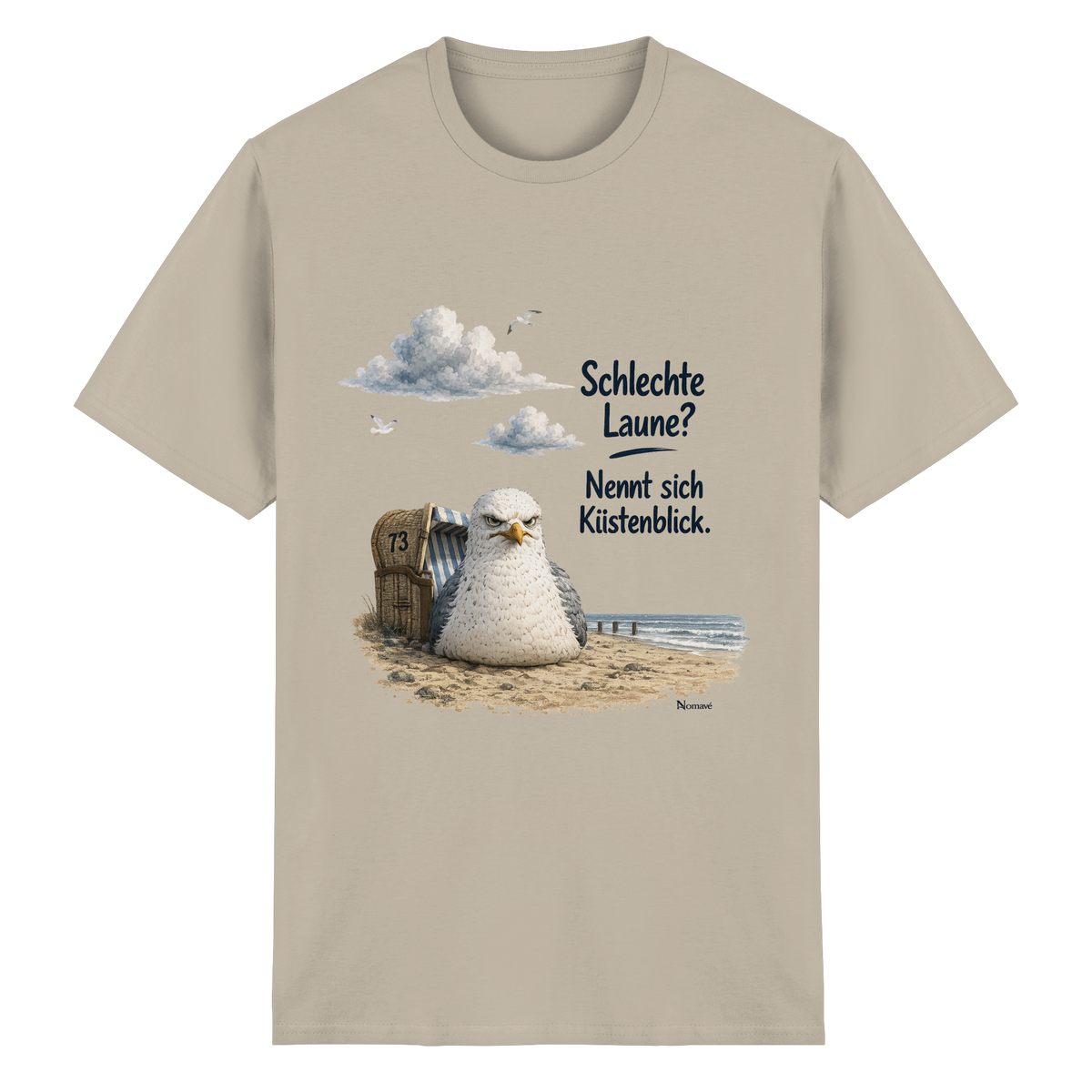 Alpha – Schlechte Laune – Küstenblick – Essential T-Shirt – Vorderansicht in sand