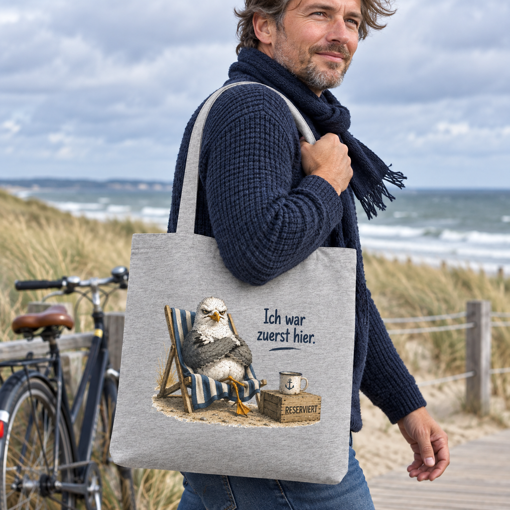 Graumelierte Stoff-Tragetasche mit Möwe im Strandstuhl und Spruch Ich war zuerst hier an einem Dünenweg.