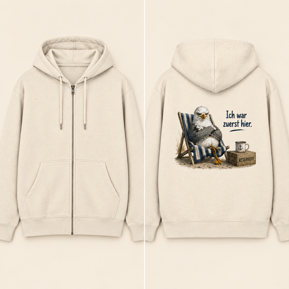 Zweigeteilte Ansicht des naturfarbenen Zippers: vorn Reißverschluss ohne Motiv, hinten Möwe Alpha mit Ich war zuerst hier als Backprint.