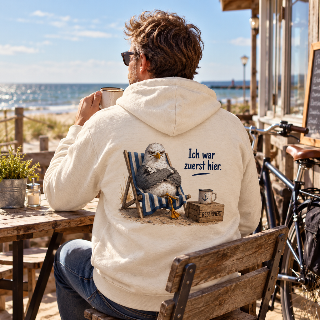 Naturfarbener Bio-Zipper mit Möwe im Strandstuhl als Rückenprint auf einer Terrasse am Meer.