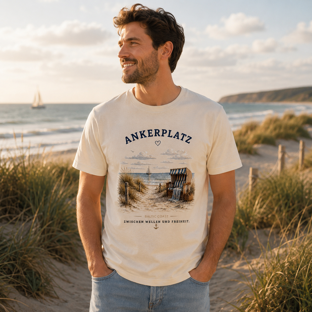 Mann im Nomavé Ankerplatz T-Shirt mit Strandkorb-Motiv am Ostseestrand