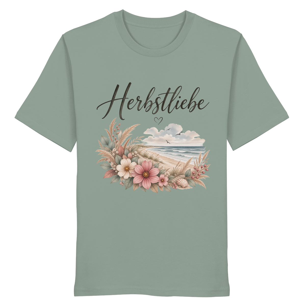 Autumn Coast – Herbstliebe am Meer – Bio T-Shirt – Vorderansicht in aloe