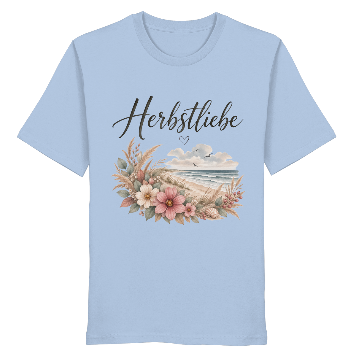 Autumn Coast – Herbstliebe am Meer – Bio T-Shirt – Vorderansicht in blue soul