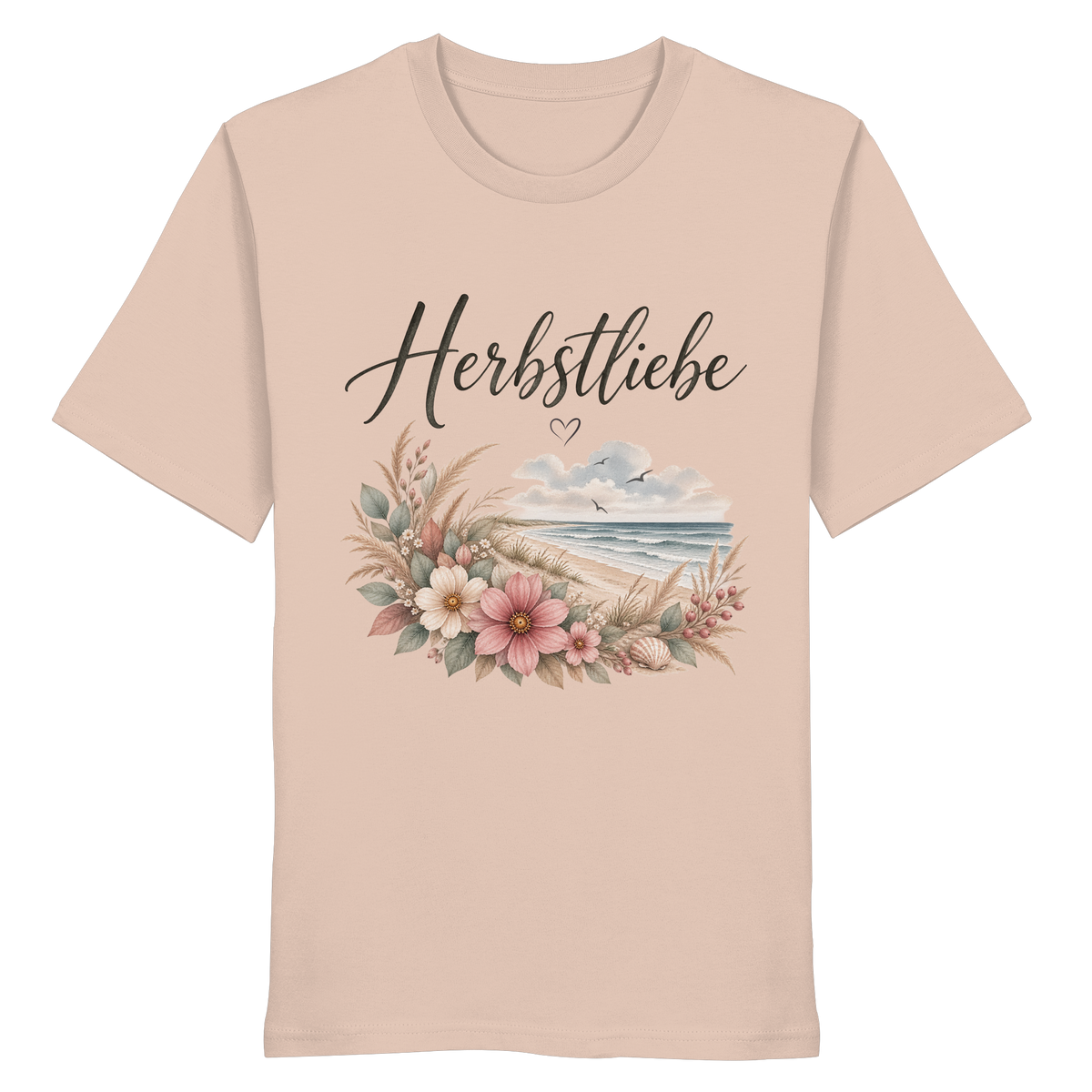 Autumn Coast – Herbstliebe am Meer – Bio T-Shirt – Vorderansicht in fraiche peche