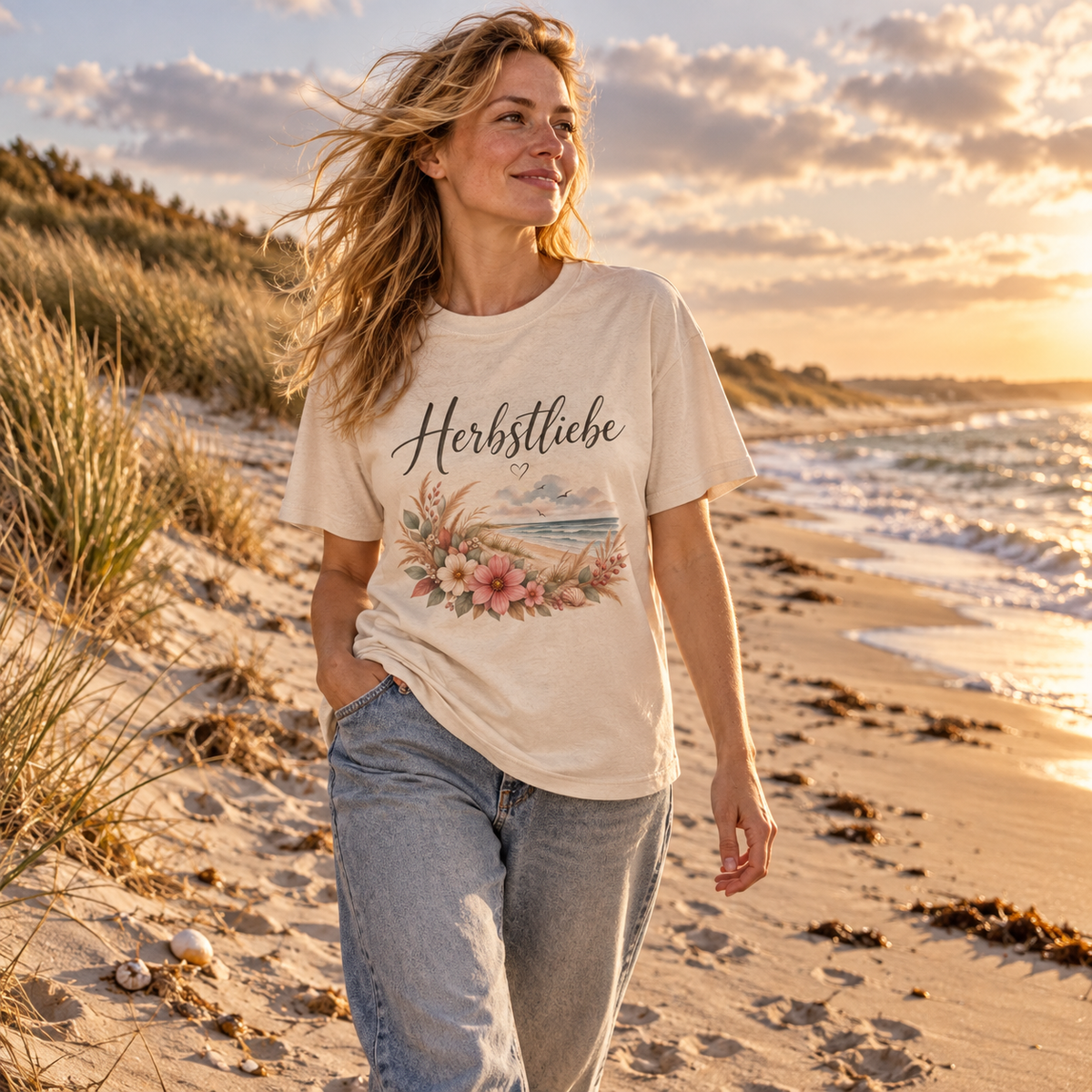Frau im Autumn Coast Herbstliebe Bio-Heavy T-Shirt am herbstlichen Strand