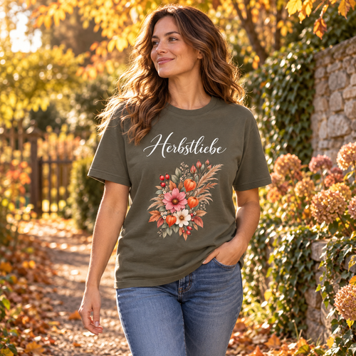 Frau im Autumn Garden Dark Bio-Heavy T-Shirt auf einem herbstlichen Gartenweg