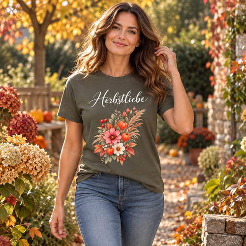 Frau im Autumn Garden Dark Bio T-Shirt auf einem herbstlichen Gartenweg