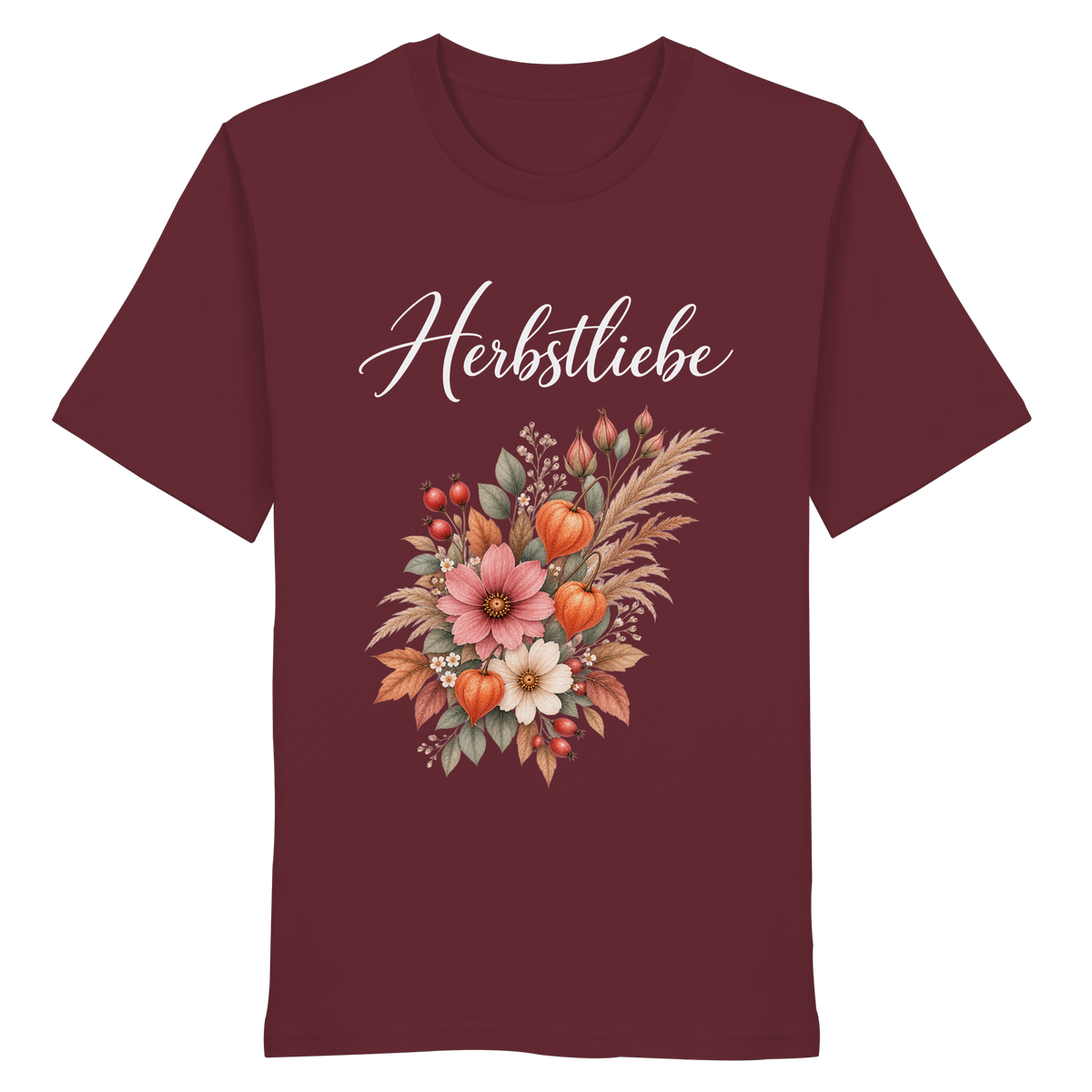 Autumn Garden – Dark Edition – Bio T-Shirt – Vorderansicht in burgundy