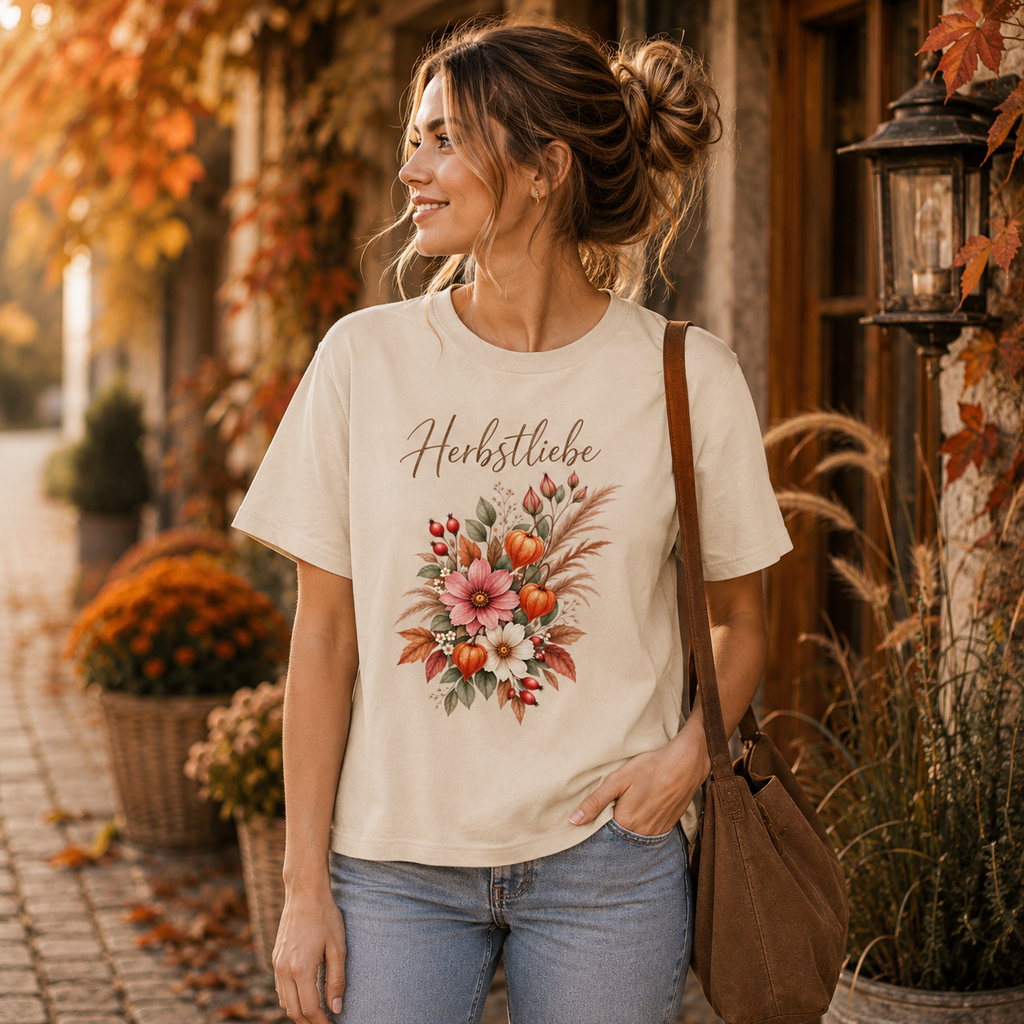 Frau trägt cremefarbenes Autumn Garden Herbstliebe Organic Shirt mit floralem Herbstmotiv in herbstlicher Lifestyle-Szene