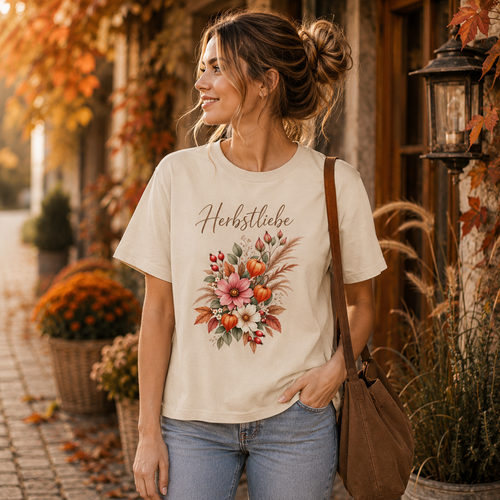 Frau trägt cremefarbenes Autumn Garden Herbstliebe Organic Shirt mit floralem Herbstmotiv in herbstlicher Lifestyle-Szene