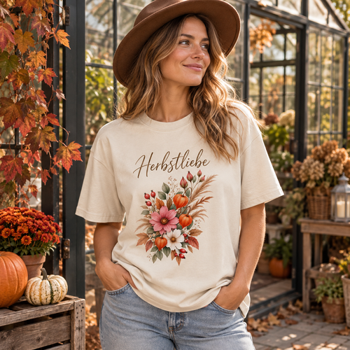 Frau im Autumn Garden Light Bio-Heavy T-Shirt an einem herbstlichen Gewächshaus
