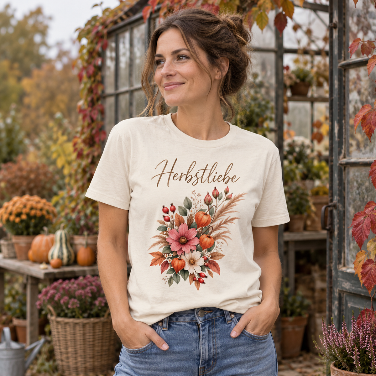 Frau im Autumn Garden Light Bio T-Shirt an einem herbstlichen Gewächshaus