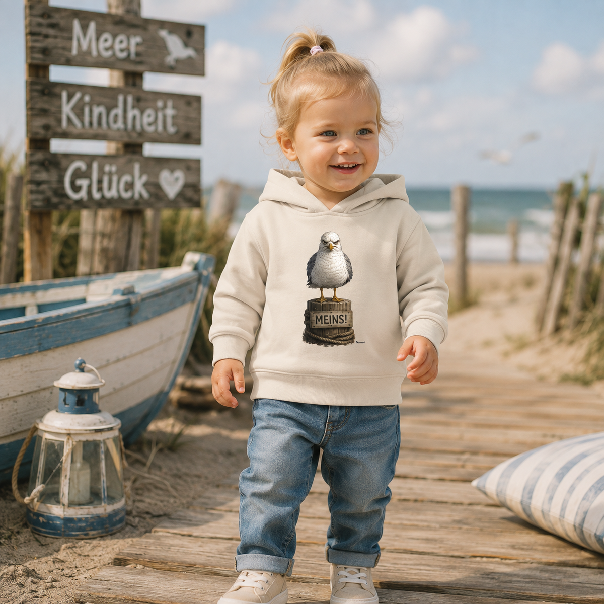 Kleinkind trägt den Baby Organic Hoodie „Möwe mit Meinung – MEINS!“ von Nomavé auf einem Holzsteg am Strand. Der cremefarbene Hoodie mit der grimmigen Möwe auf Poller sorgt für einen maritimen Küstenlook mit norddeutschem Humor.