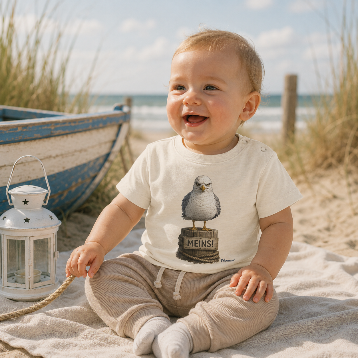Baby trägt das Baby Organic T-Shirt „Möwe mit Meinung – MEINS!“ von Nomavé am Strand. Das naturfarbene Shirt mit praktischer Knopfleiste an der Schulter und der grimmigen Möwe auf einem Poller sorgt für maritimen Küstenlook mit norddeutschem Humor.