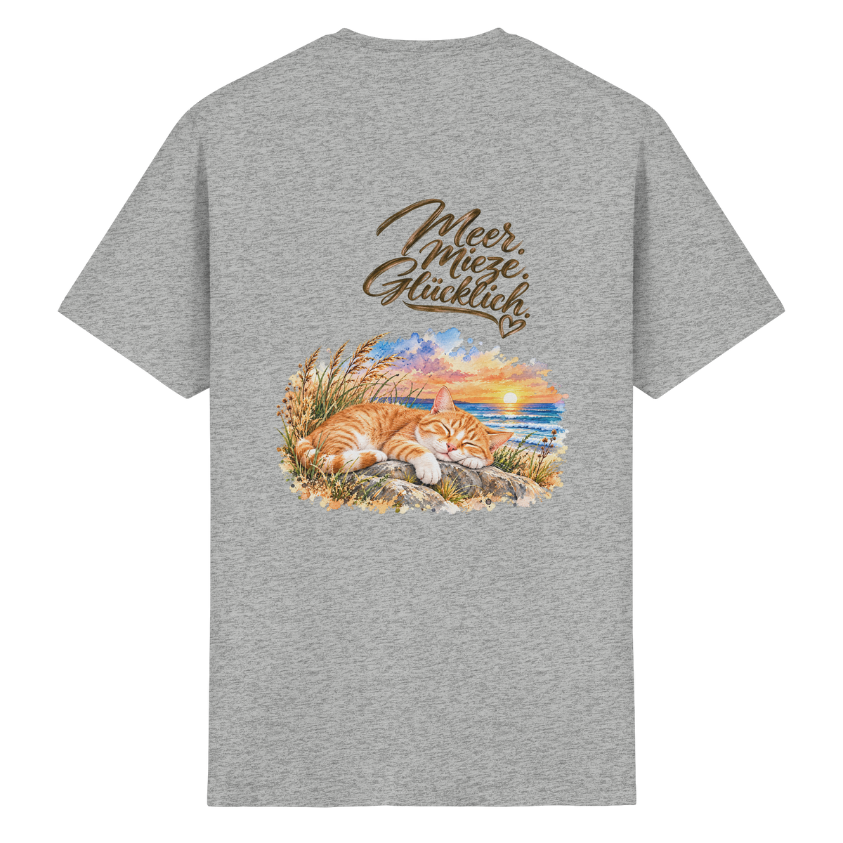 Unisex Heavy-Cotton-T-Shirt in Ash Grey mit „Meer. Mieze. Glücklich.“ als Backprint – Original-Mockup