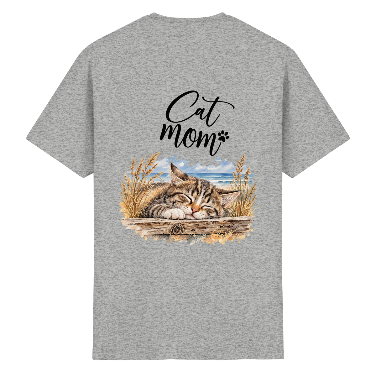 Cat Mom Heavy-Cotton-T-Shirt in Ash Grey – Originalansicht mit schlafender Katze und Küstenmotiv als Rückenprint.