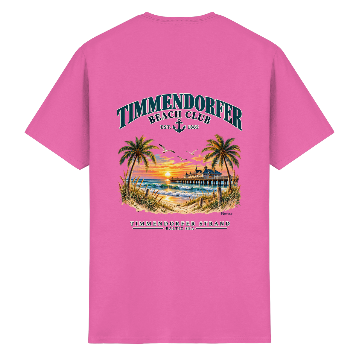 Original-Produktmockup: Essential Unisex-T-Shirt in Azalea, Rückansicht mit Timmendorfer-Beach-Club-Motiv und dem Schriftzug Timmendorfer Strand – Baltic Sea.