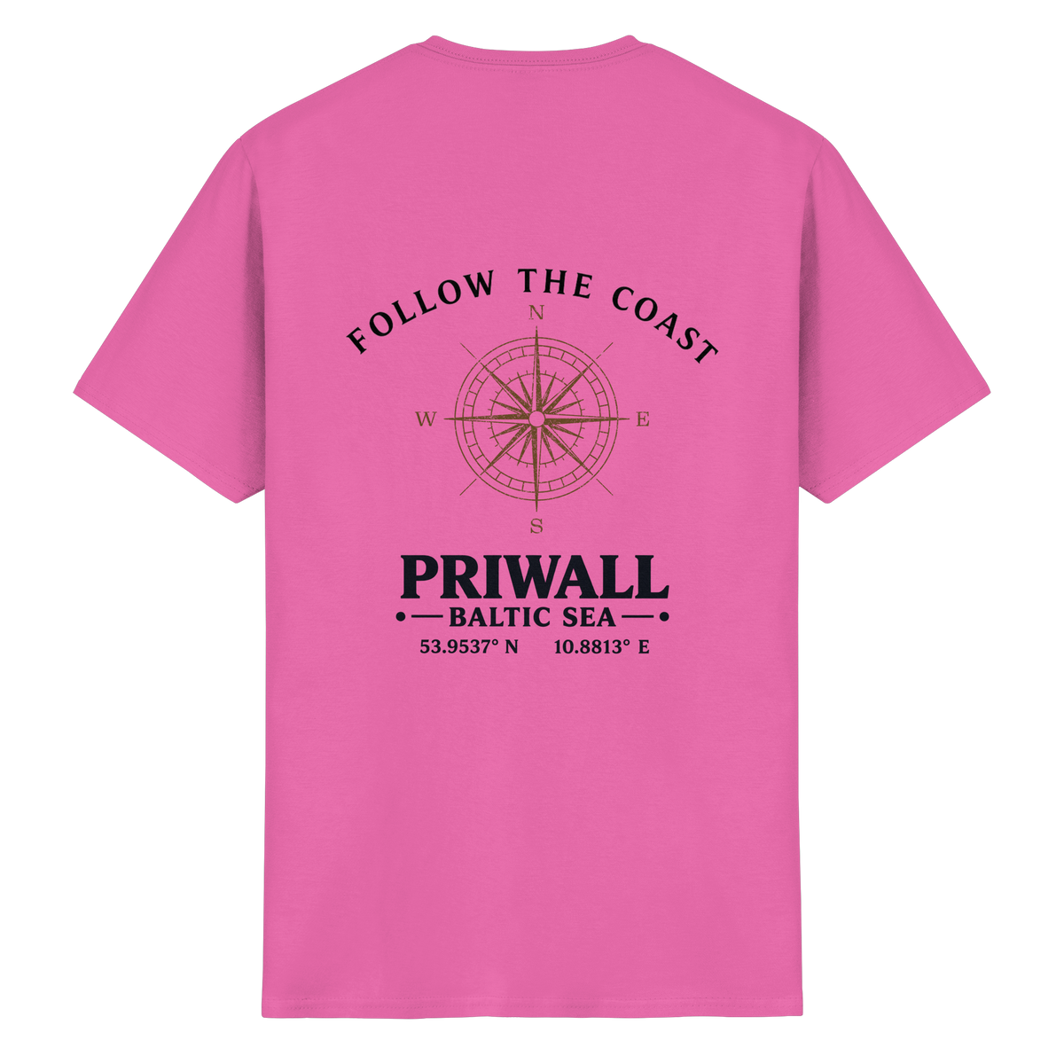 Rückansicht des Essential T-Shirt in der gezeigten Produktfarbe mit hellem Priwall Follow the Coast Backprint