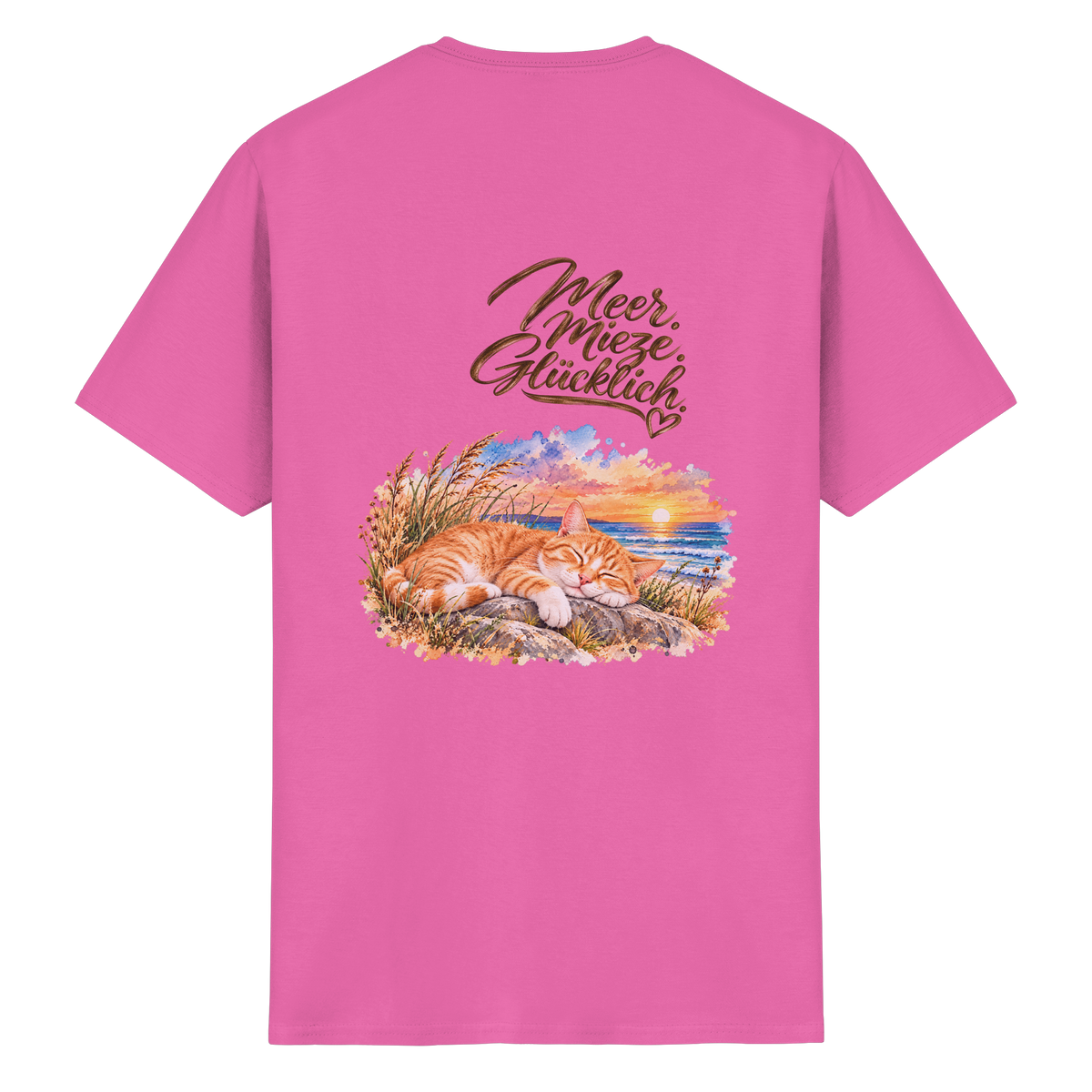 Unisex Heavy-Cotton-T-Shirt in Azalea mit „Meer. Mieze. Glücklich.“ als Backprint – Original-Mockup