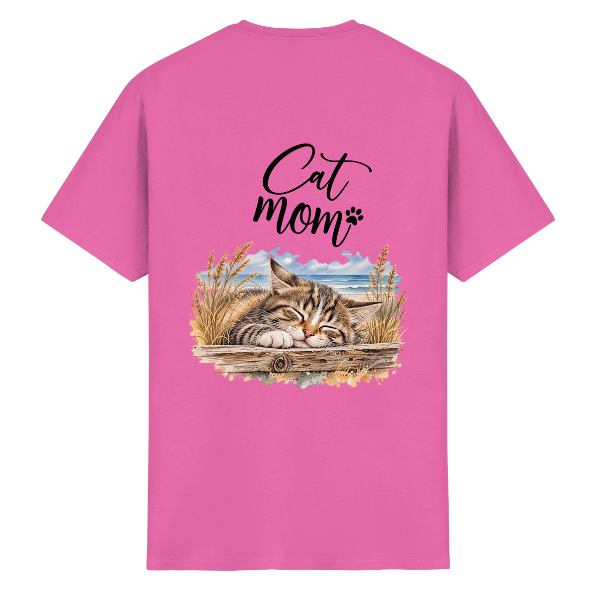 Cat Mom Heavy-Cotton-T-Shirt in Azalea – Originalansicht mit schlafender Katze und Küstenmotiv als Rückenprint.