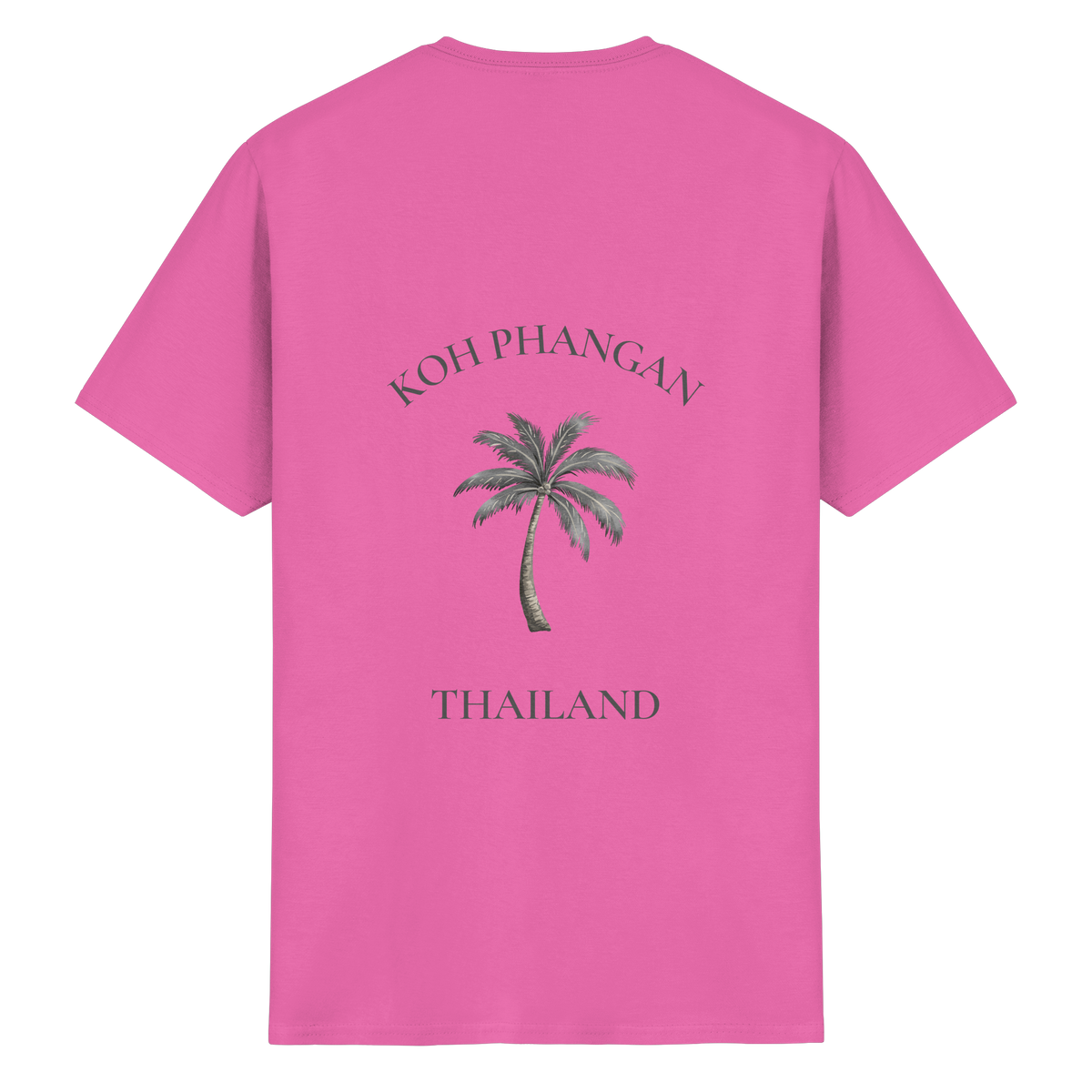 Essential T-Shirt in azalea mit Koh Phangan Mini Palm Motiv als Backprint – Original-Mockup
