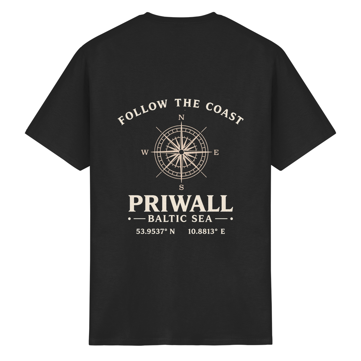 Rückansicht des Essential T-Shirt in Black mit dunklem Priwall Follow the Coast Backprint