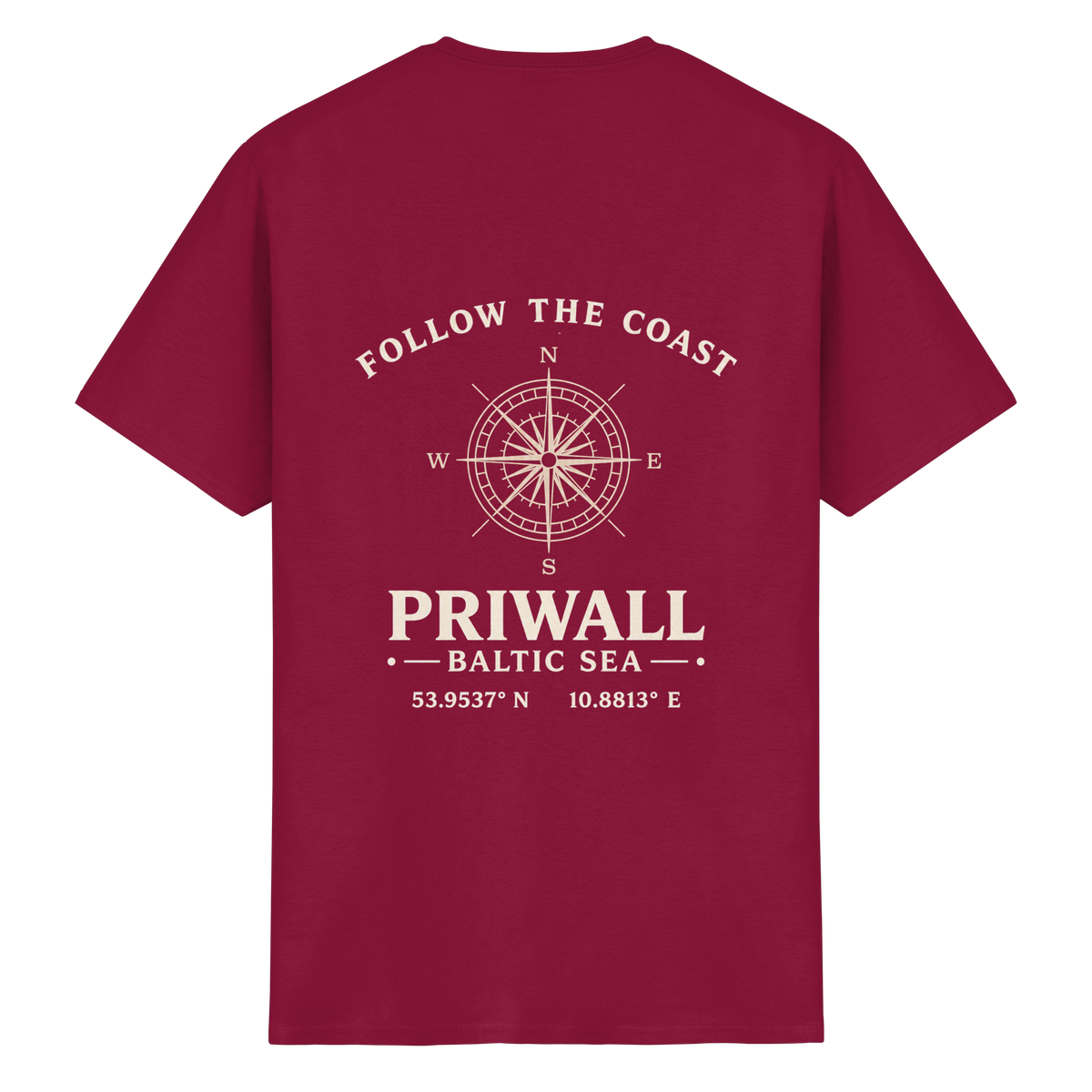 Rückansicht des Essential T-Shirt in Cardinal Red mit dunklem Priwall Follow the Coast Backprint
