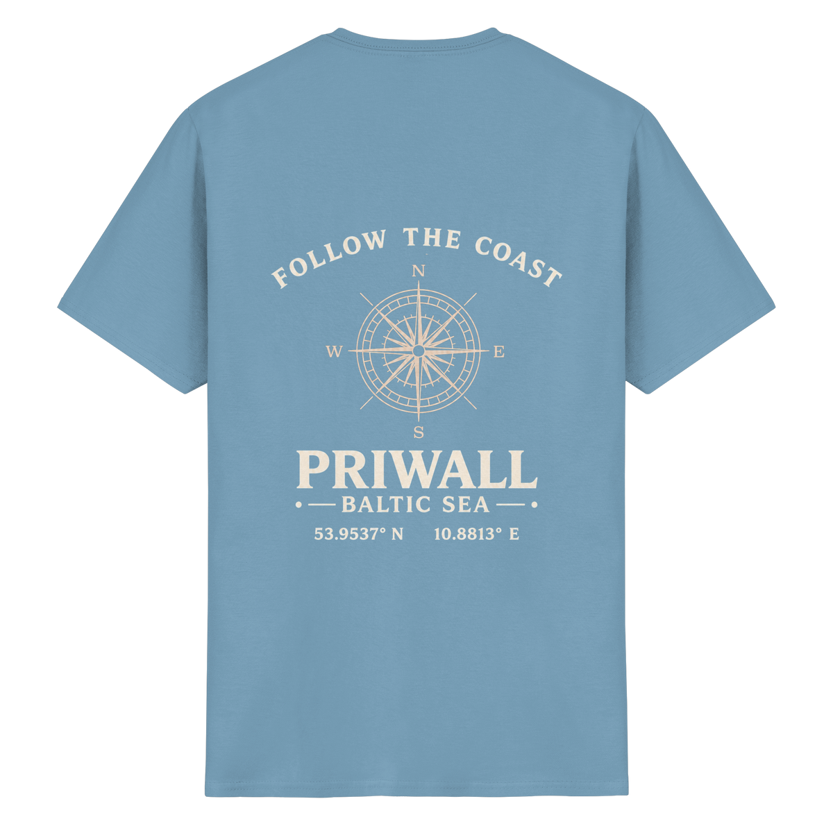 Rückansicht des Essential T-Shirt in Carolina Blue mit dunklem Priwall Follow the Coast Backprint