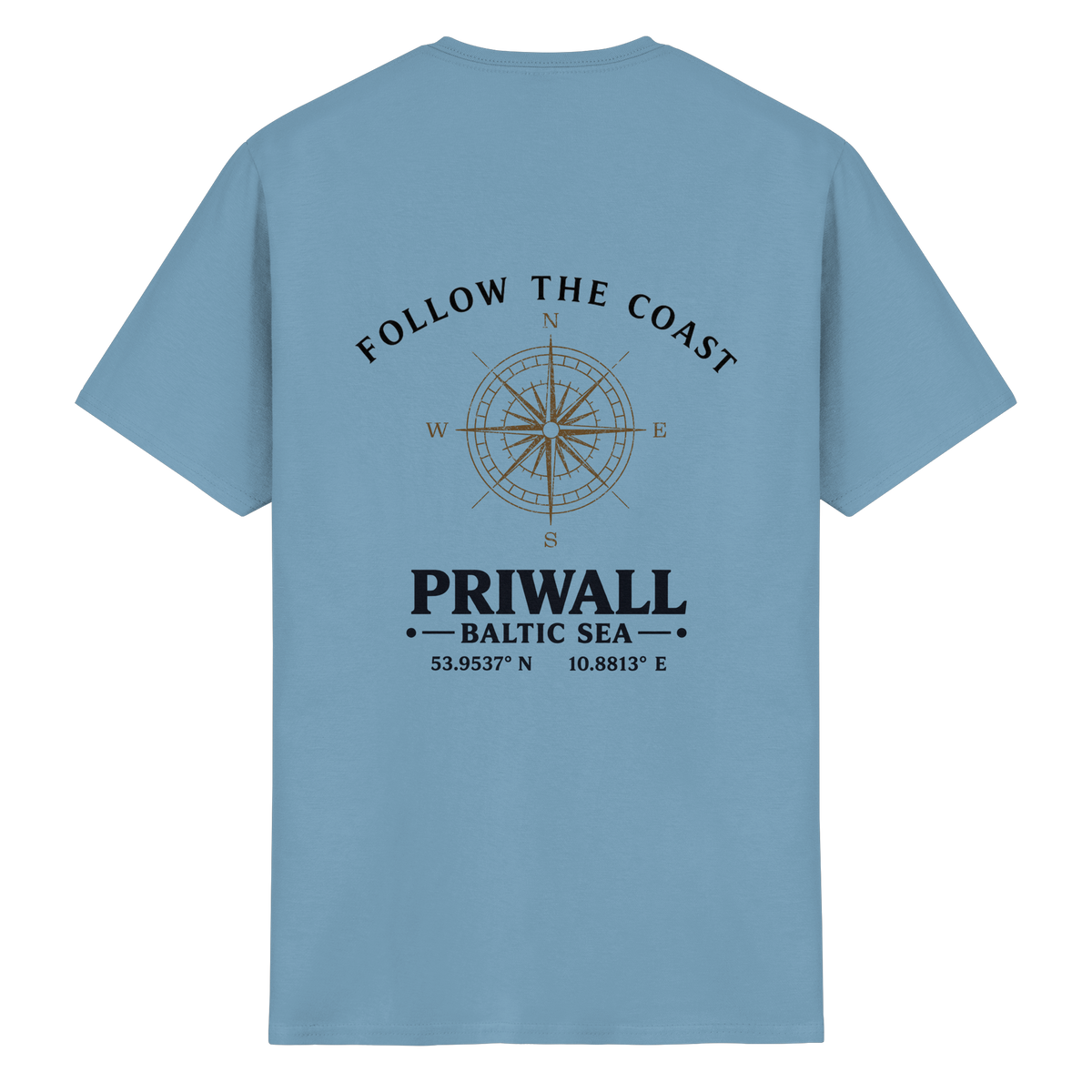 Rückansicht des Essential T-Shirt in der gezeigten Produktfarbe mit hellem Priwall Follow the Coast Backprint