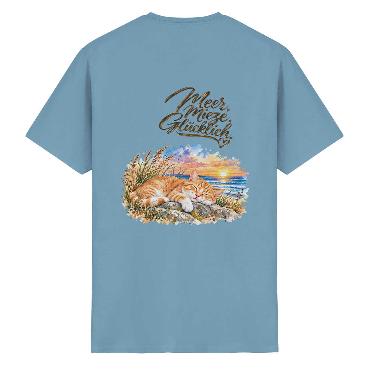 Unisex Heavy-Cotton-T-Shirt in Carolina Blue mit „Meer. Mieze. Glücklich.“ als Backprint – Original-Mockup