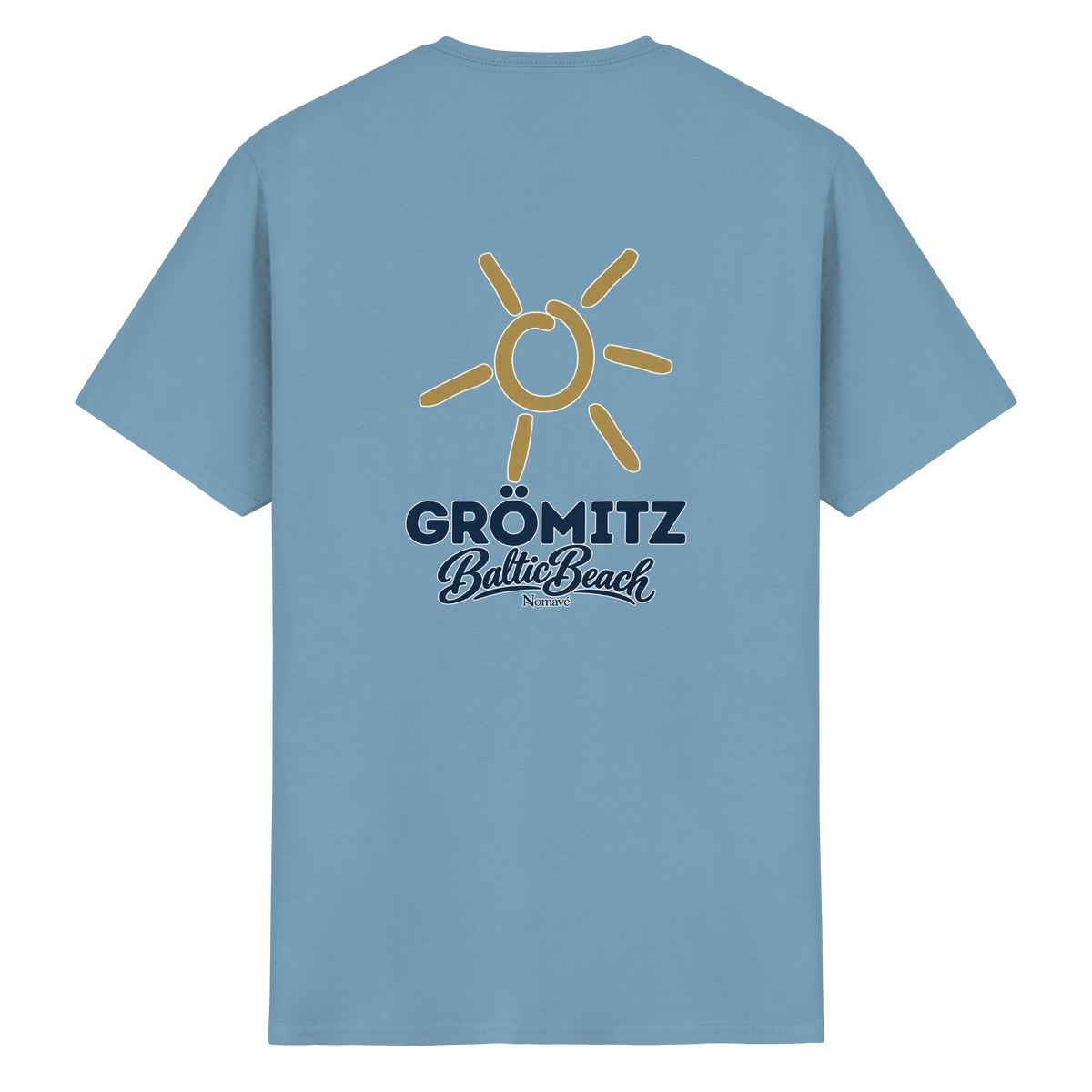 Grömitz Sonne Essential T-Shirt Baltic Beach mit Rückendruck in Carolina Blue – Shirtigo-Originalmockup 4